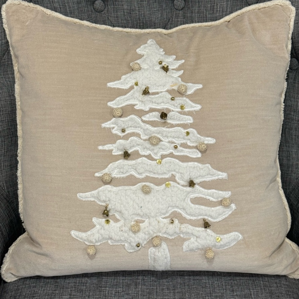 Pottery Barn Tan Pillow with White Festive Tree